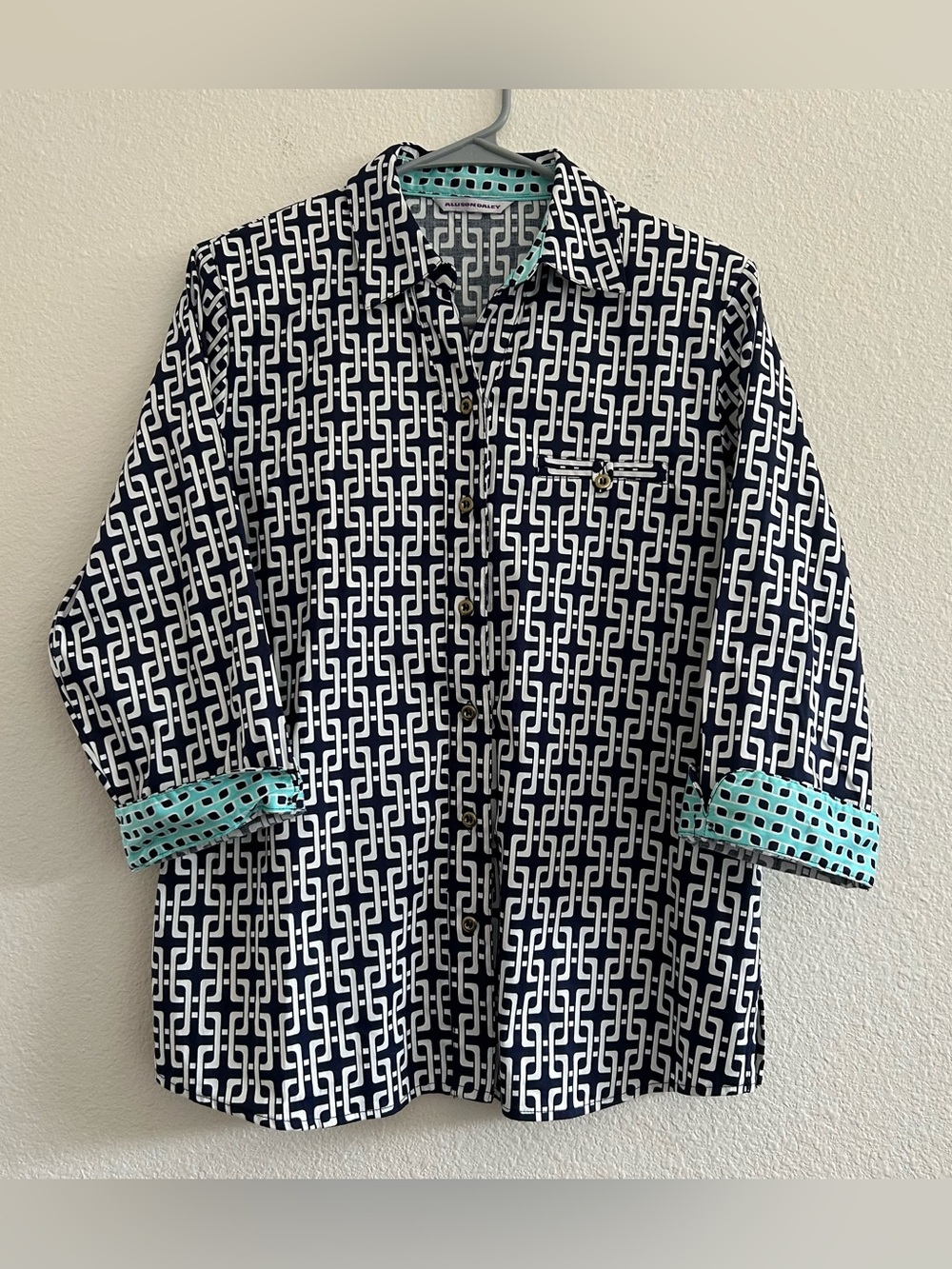 Allison Daley Navy, White and Teal Geometric Button Down Blouse